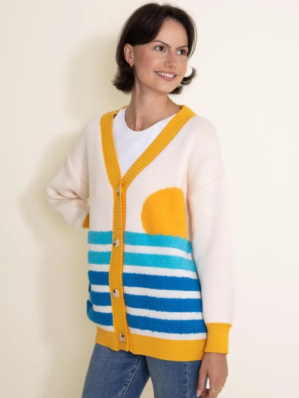 Simply Southern Groovy Sun With Stripes Cardigan for Women in Cream Multi - NWT - Picture 3 of 3
